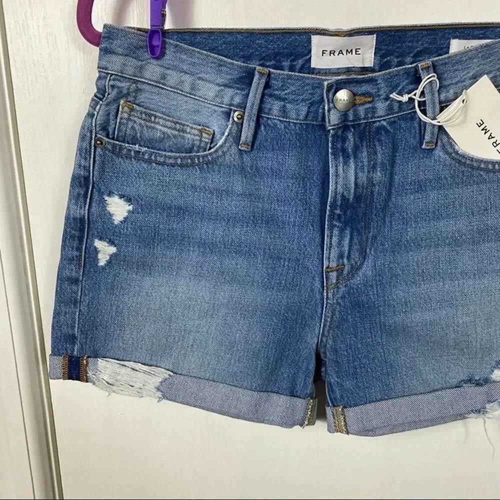 FRAME Le Beau High Rise Distressed Boyfriend Denim Shorts Light Wash NWT Size 25
